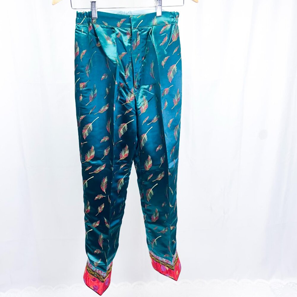 Vintage Chinese Brocade Pants Teal with Feather Embroidery & Red Contrast Cuffs
